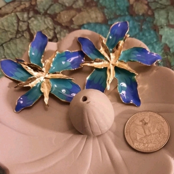 Gold Flower statement Flower Earrings Blue teal Boho Big Floral Stud 💖2/$30 - Picture 10 of 10